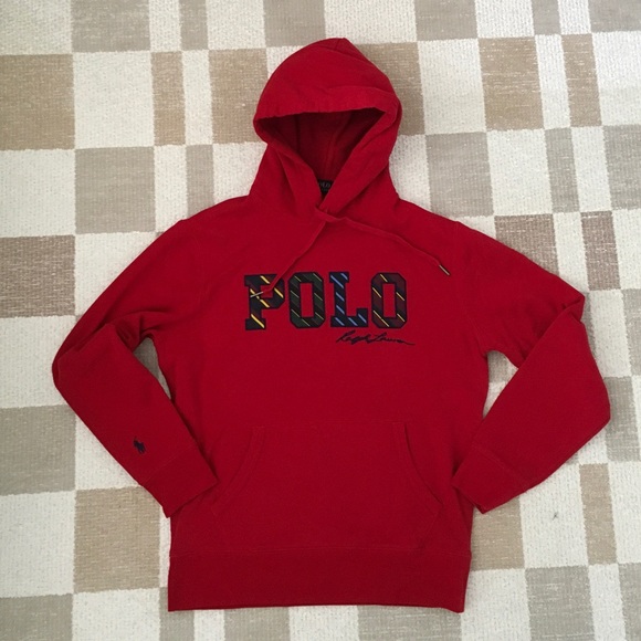 Polo Ralph Lauren Red Varsity Striped Logo Hoodie Sweatshirt Size M - Picture 7 of 11